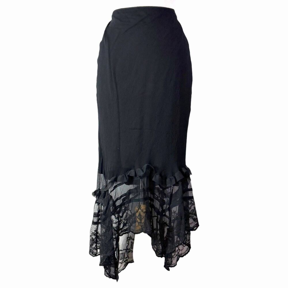 Saint Tropez VTG Black Lace Asymmetric Ruffle Hem Maxi Skirt 90s Whimsigoth L
